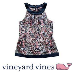 Vineyard Vines Blue Pink 100% Silk Halter Neck Top Paisley Contrasting Trim Sz 2